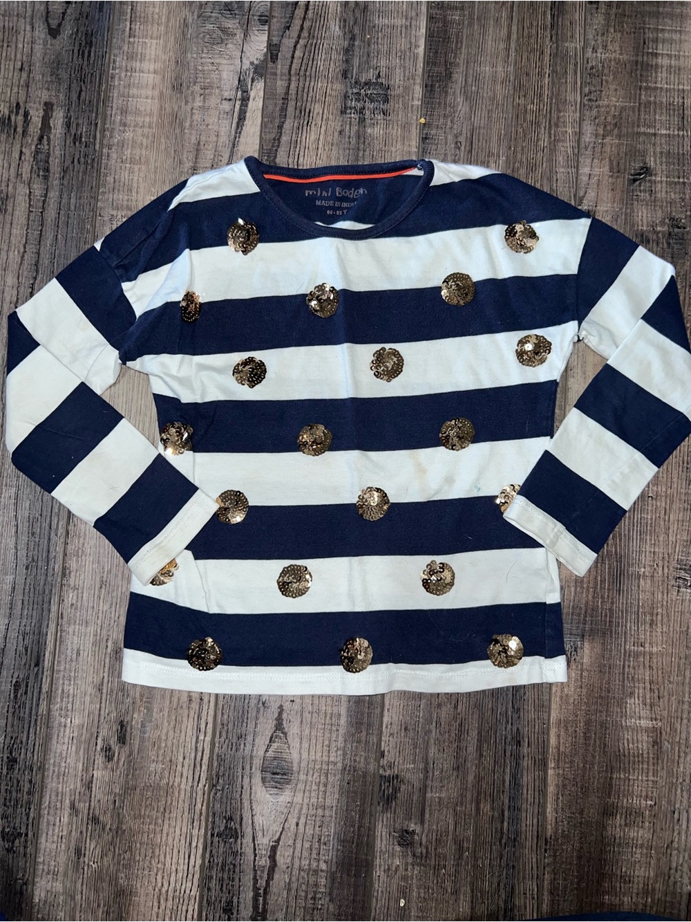 Mini Boden Navy & Cream Striped Sequin Dot Long Sleeve Top